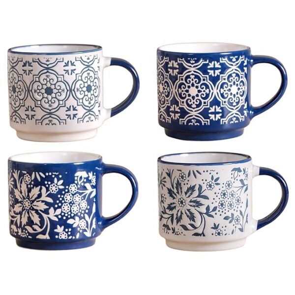Nestasia Stackable Ceramic Cups Set of 4 (200 ml) | Microwave & Dishwasher Safe Tea & Coffee Mugs with Glossy Finish | Ideal for Gifting (Floral Blue)