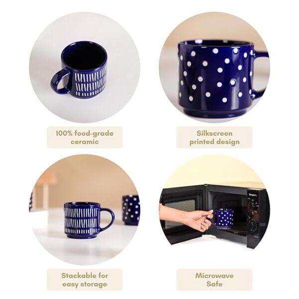 Nestasia Stackable Ceramic Cups Set of 4 (220 ml) | Microwave & Dishwasher Safe Tea & Coffee Mugs with Glossy Finish | Ideal for Gifting (Blue) - Image 3